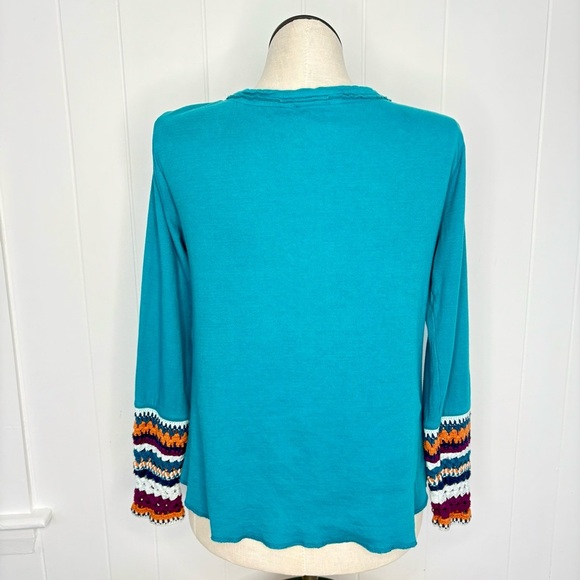 Sundance Henley Sweater Top Teal Blue Crochet Cuffs Boho Women’s Size Medium - Picture 3 of 8